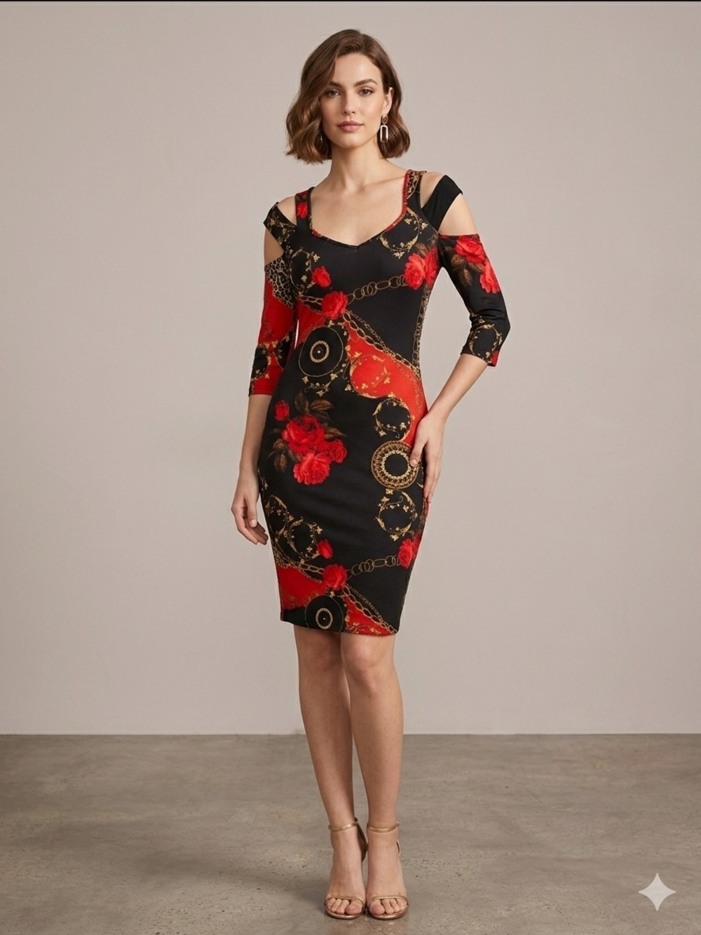 BOLD elements Black & Red Cold-Shoulder Chain Floral Midi Dress